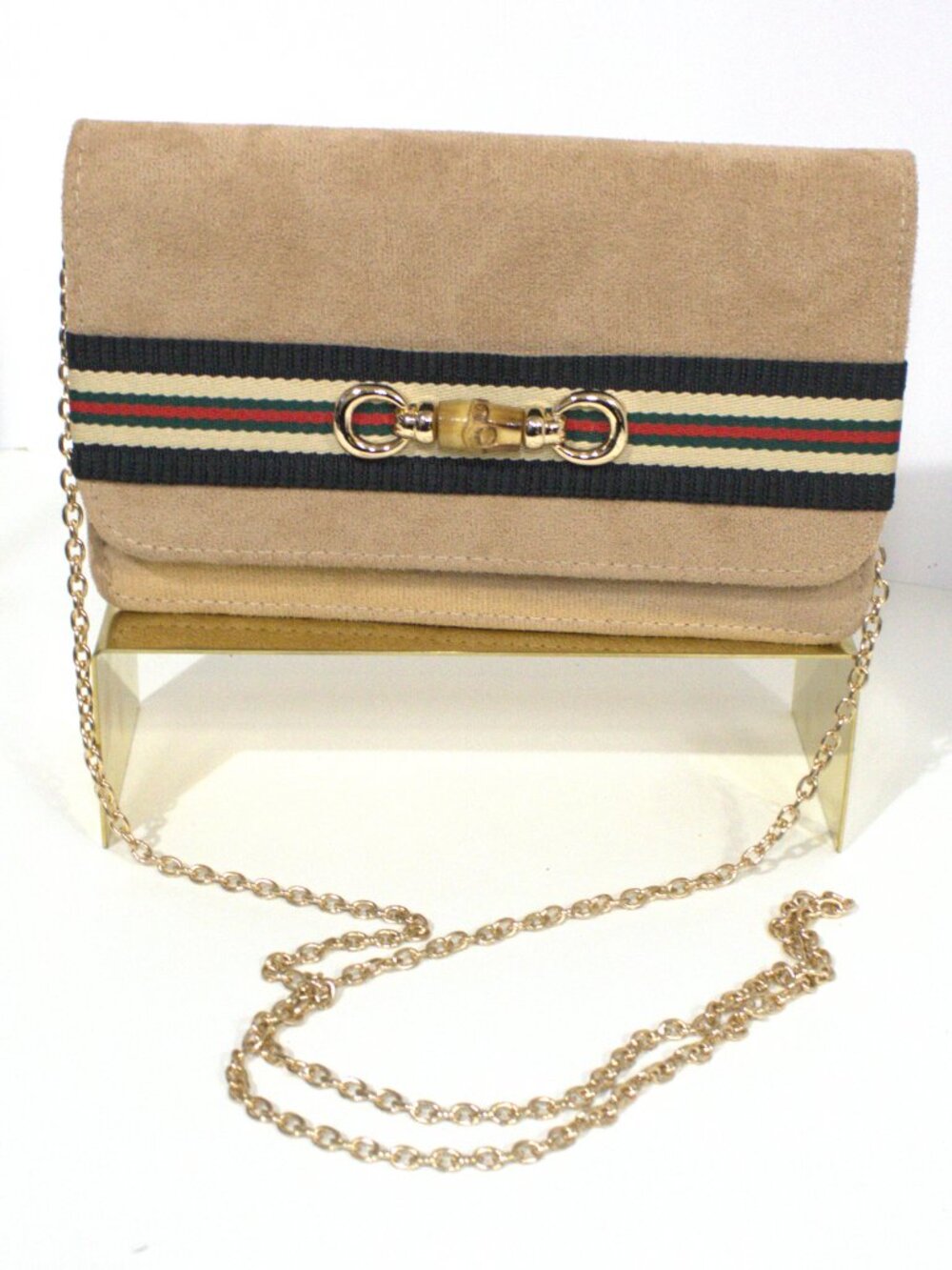 Lisi Lerch, Tan Velvet with Stripe and Horse bit with Toggle. Gold Hardware
